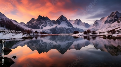 Beautiful panorama of snowy mountains reflected in the lake at sunset