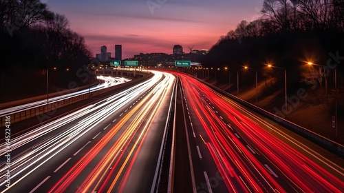 A long exposure shot of a highway in the evening with motion blur