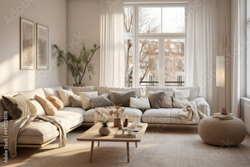 Modern style interior living room warm Scandinavian and cozy with wooden decoration, Cozy beige tone stylish, furniture, comfortable bed, Minimal decor design background.