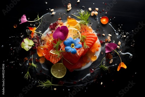 Salmon with vegetables and herbs on a black background. Top view.