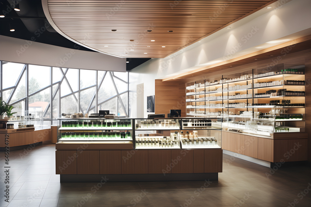 cannabis dispensary with product display and modern clean architecture  - obrazy, fototapety, plakaty 