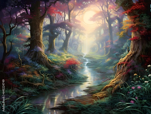 Fantasy landscape with river and trees in the autumn forest. Digital painting.