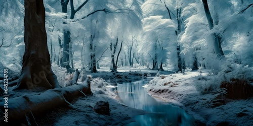 Panoramic view of a frozen creek in a snowy forest.