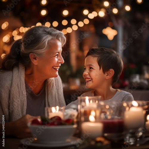 Joyful Christmas Dinner  Grandmother s Smiles with Grandson in a Festive Setting