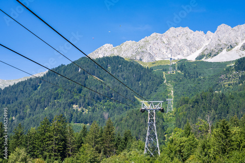 Cable car to the Seegrube station on Nordkette mountain range in tyrol, austria above Innsbruck in summer on a sunny day