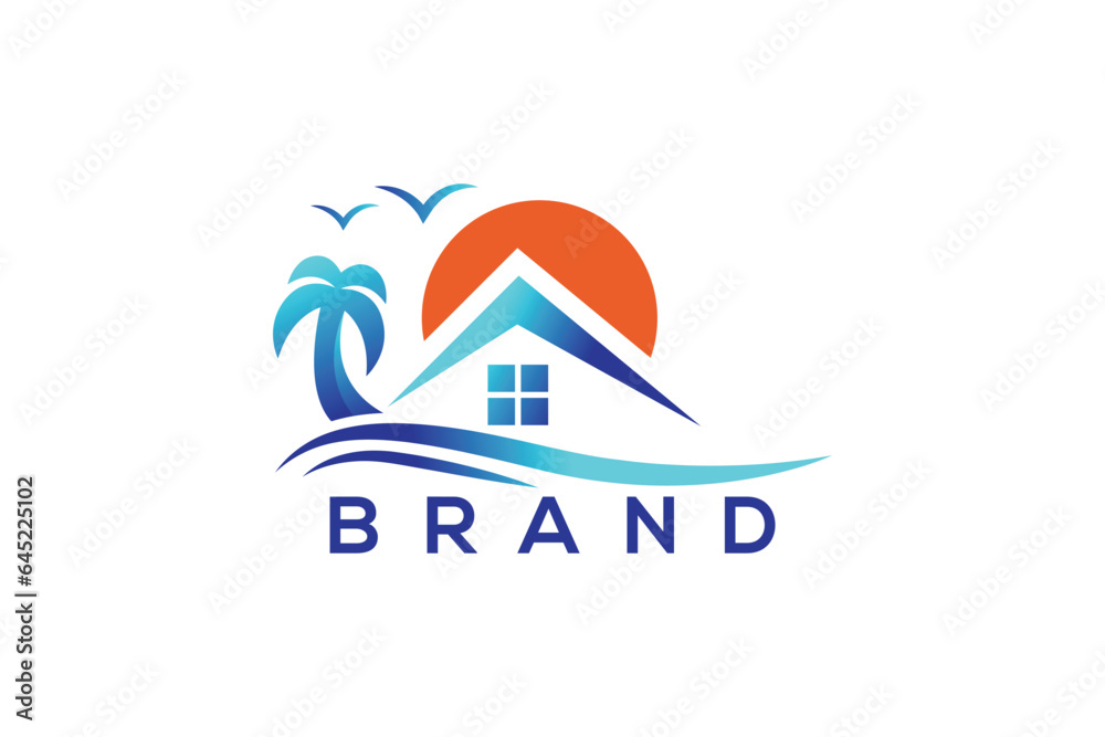 Trendy and minimal vacation or home and palm tree vector logo design Trendy and minimal vacation or home and palm tree vector logo design