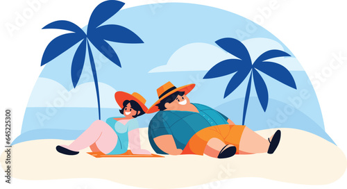 Hand Drawn overweight Tourists relaxing by the sea on vacation in flat style
