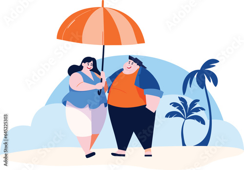 Hand Drawn overweight Tourists relaxing by the sea on vacation in flat style