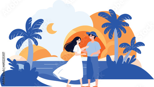 Hand Drawn Tourists relaxing by the sea on vacation in flat style