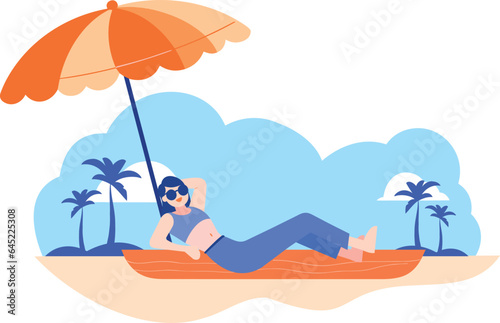 Hand Drawn Tourists relaxing by the sea on vacation in flat style