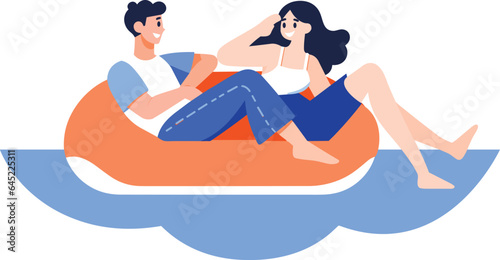 Hand Drawn Tourists relaxing by the sea on vacation in flat style