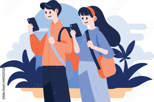 Hand Drawn Tourists relaxing by the sea on vacation in flat style