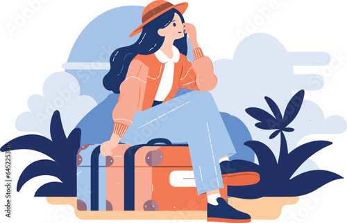 Hand Drawn Tourists relaxing by the sea on vacation in flat style