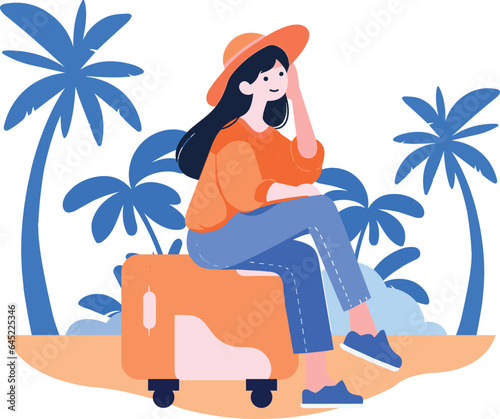 Hand Drawn Tourists relaxing by the sea on vacation in flat style