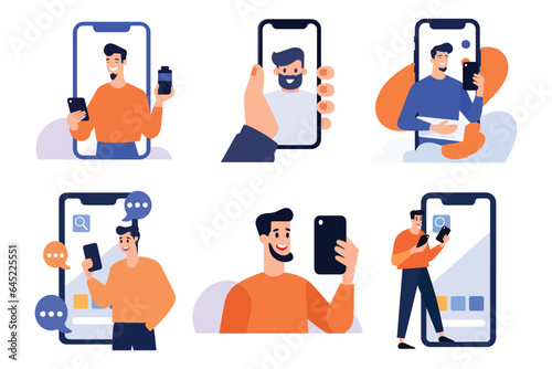 Hand Drawn Businessman with smartphone in online marketing concept in flat style