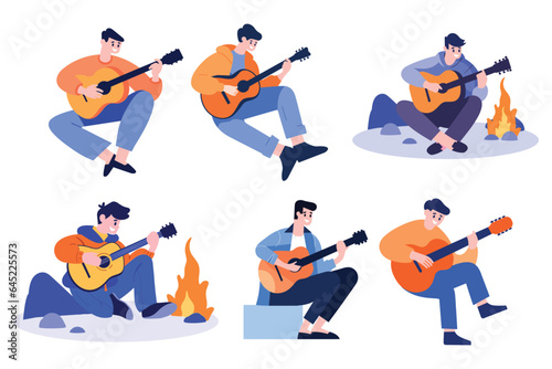 Hand Drawn Male musician playing acoustic guitar in flat style