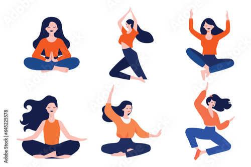 Hand Drawn female character doing yoga or meditating in flat style
