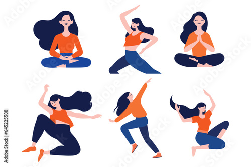 Hand Drawn female character doing yoga or meditating in flat style