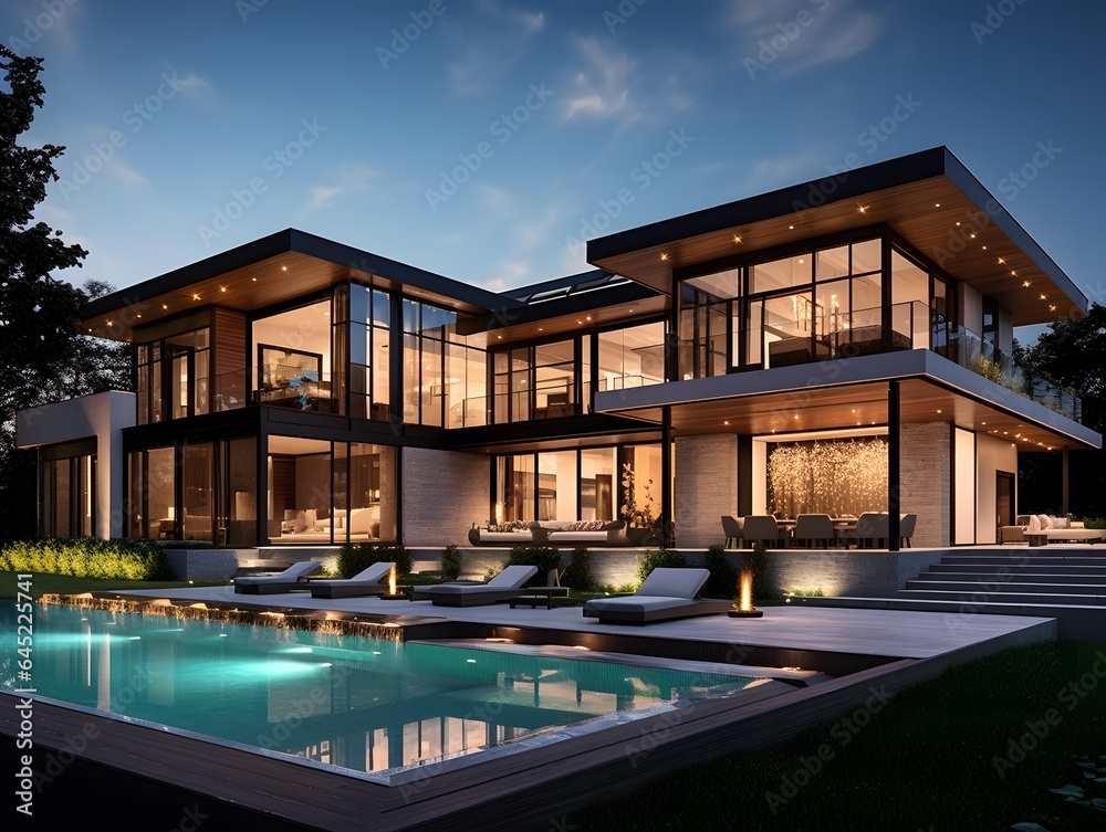 Modern Luxury Home Exterior with swimming pool at night. 3d rendering