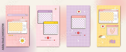 aesthetic 90s retro vaporwave post and story template. Social media stories and posts with old nostalgic computer aesthetic ui elements vector set