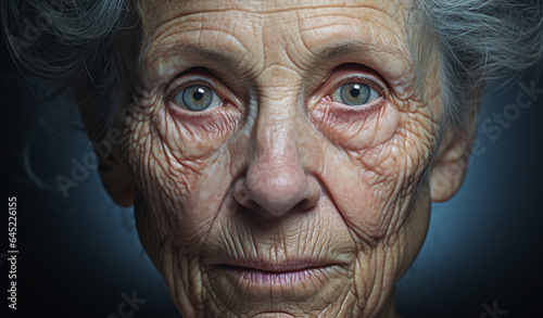 An old senior woman with winkles in a sad expression looking at the camera with heartbroken feeling 