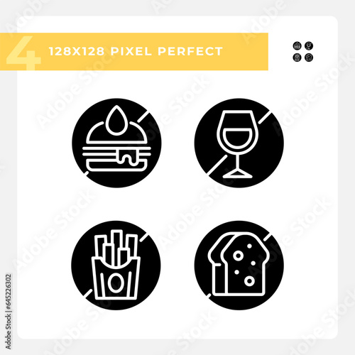 Pixel perfect glyph style simple icons collection representing allergen free, simple silhouette illustration.