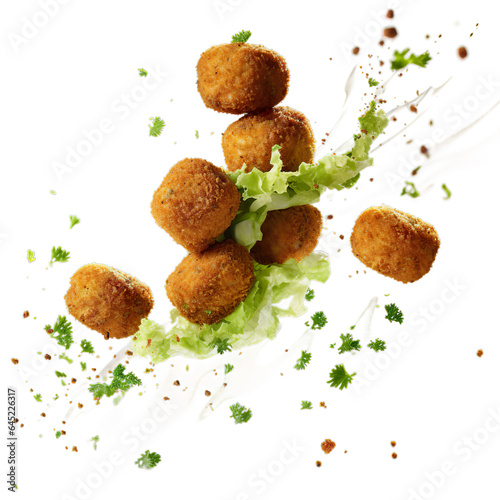 Falafel flying in the ait, realistic 3d chicken, Arabian Israel street food, ultra realistic, icon, detailed, angle view food photo, vegetables vegan