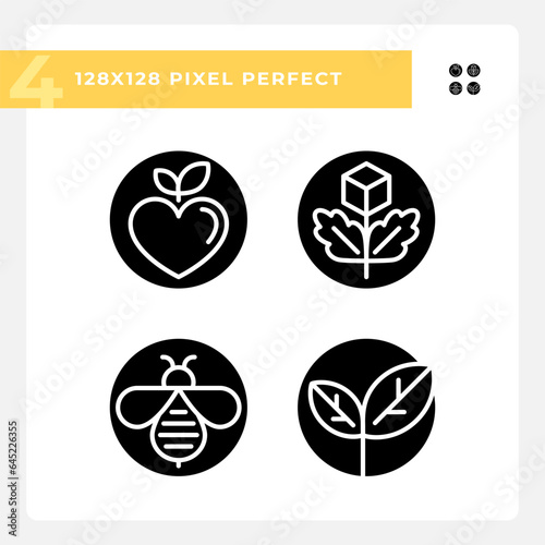 Pixel perfect silhouette icons set representing allergen free, glyph style illustration.