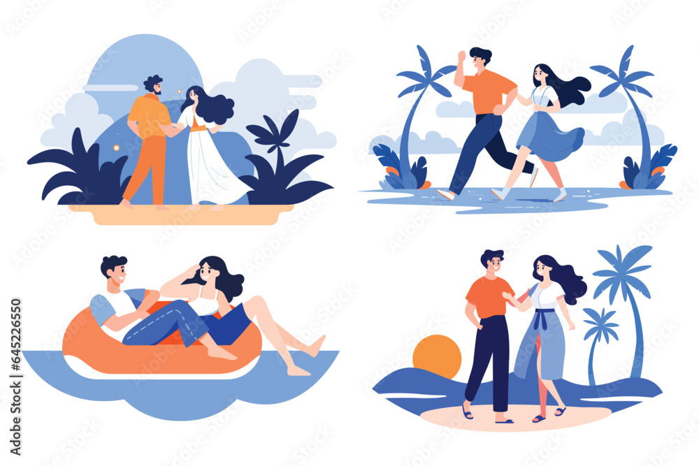 Hand Drawn Tourists relaxing by the sea on vacation in flat style