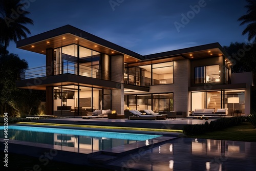 Luxury modern house with swimming pool at night. Nobody inside