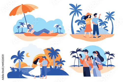 Hand Drawn Tourists relaxing by the sea on vacation in flat style