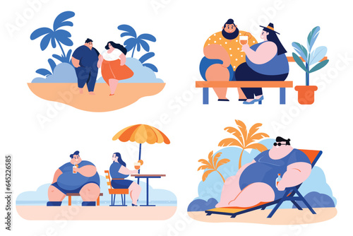 Hand Drawn overweight Tourists relaxing by the sea on vacation in flat style