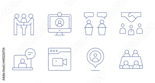 Meeting icons. editable stroke. Containing discussion, intermediary, location, meeting, video call, videocall.
