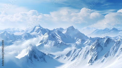 Panoramic view of snowy mountains in the clouds. Winter landscape
