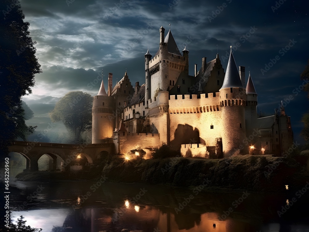 Castle of Carcassonne at night, France. Digital painting.
