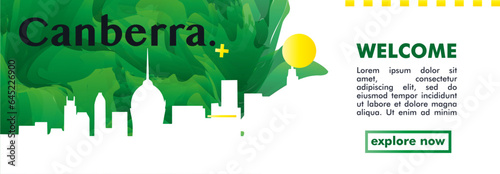 Australia Canberra city green banner with abstract skyline, cityscape, landmarks and attractions. Australian capital travel vector illustration for brochure, website, page, header, presentation