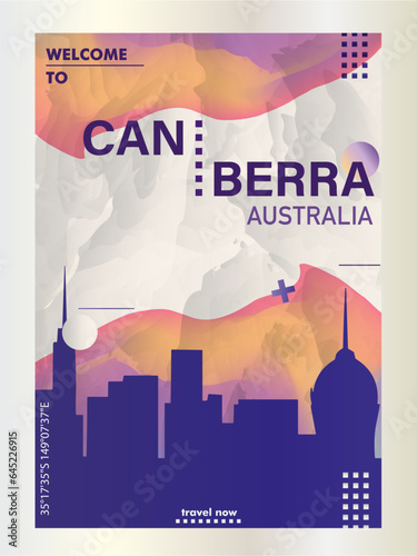  Australia Canberra city poster with abstract shapes of skyline, cityscape, landmarks and attractions. Australian capital travel vector illustration for brochure, website, page, business presentation