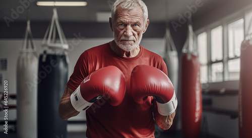 Ageless muscular fit old man with grey hair energetic in with red boxing globes training in box gym