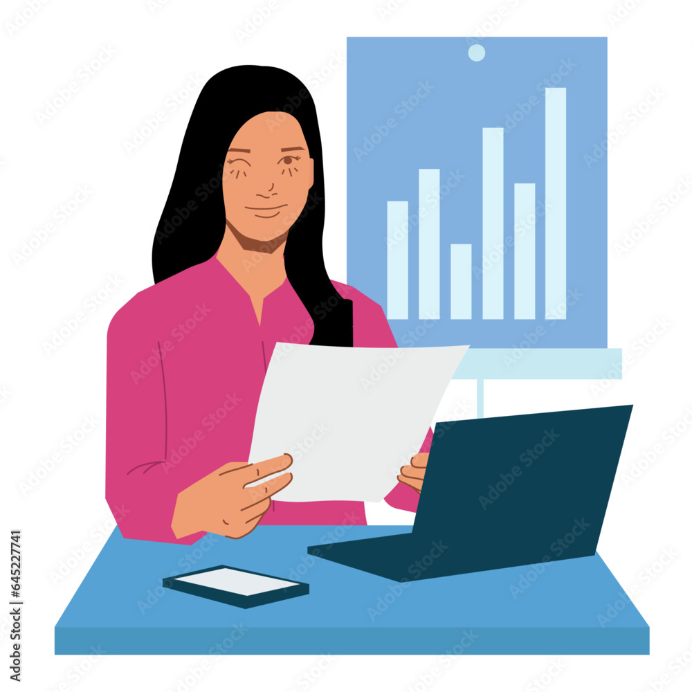 business woman busy check finance graph paper on laptop in flat illustration business woman busy check finance graph paper on laptop in flat illustration