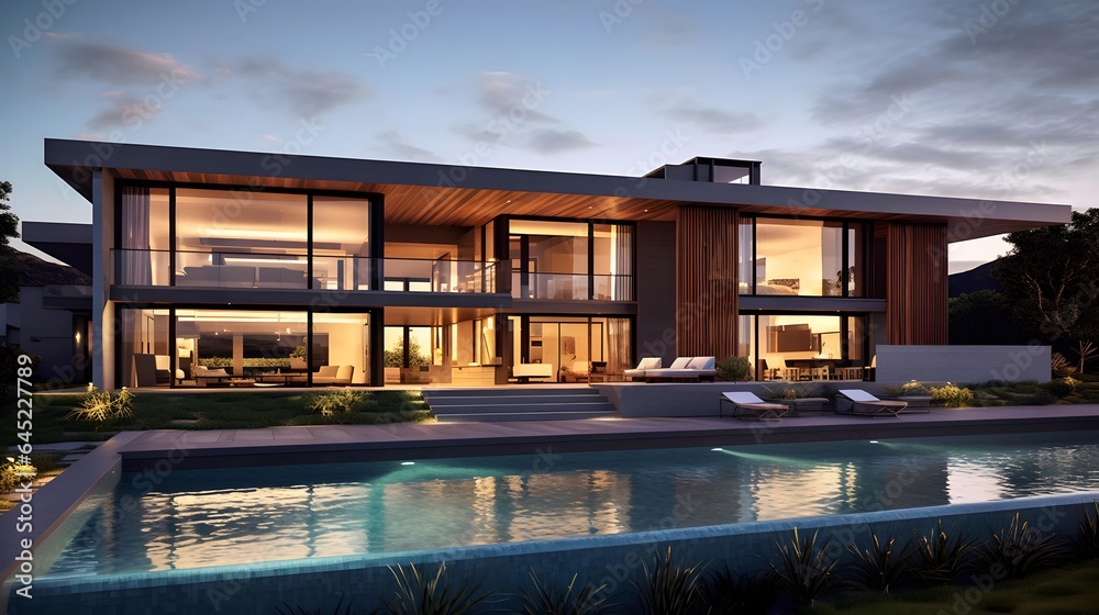 Modern house with swimming pool at dusk. Luxury house with pool and deck for sale or rent.