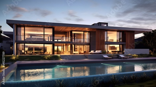 Modern house with swimming pool at dusk. Luxury house with pool and deck for sale or rent.