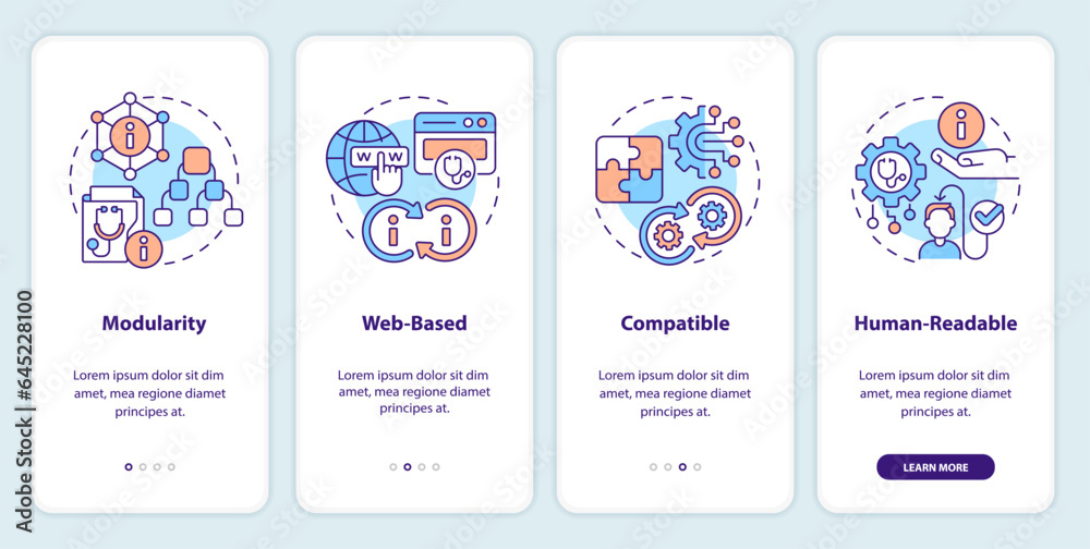 2D icons representing health interoperability resources mobile app screen set. Walkthrough 4 steps multicolor graphic instructions with thin line icons concept, UI, UX, GUI template.