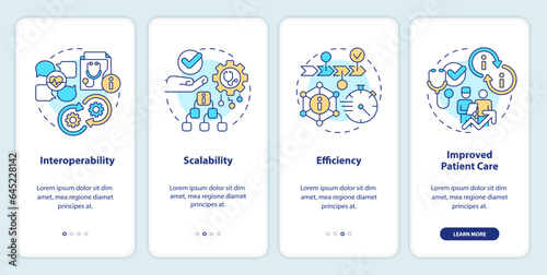2D colorful icons representing health interoperability resources mobile app screen set. Walkthrough 4 steps graphic instructions with thin line icons concept, UI, UX, GUI template.