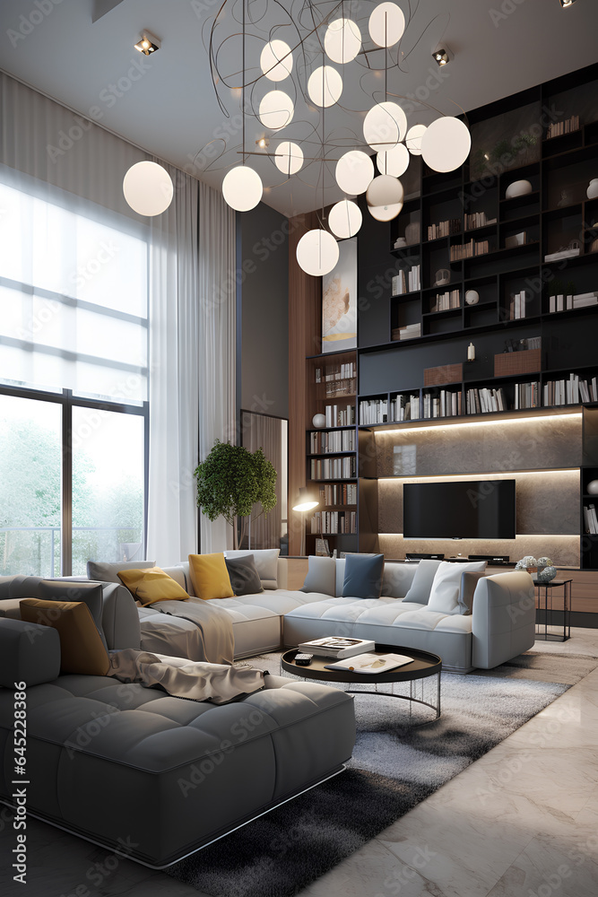Fusion style interior of living room in modern luxury house.