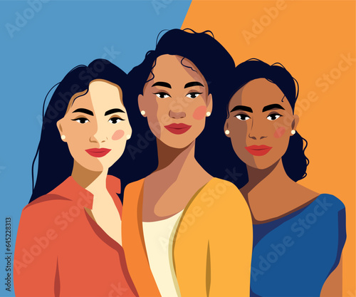 Vector bright banner for International Women's Day, women activists of different cultures and nationalities. Vector concept of movement for gender equality and women empowerment