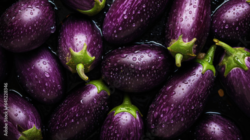 Heap of fresh eggplants with water drops background. Vegetables backdrop. Generative AI