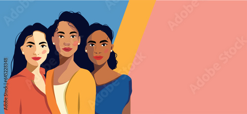 Vector horizontal banner for International Women's Day, women activists. Different cultures and nationalities.Gender equality and women empowerment movement concept