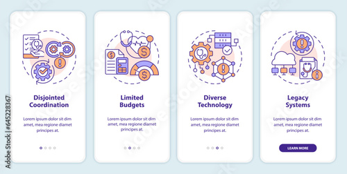 2D icons representing health interoperability resources mobile app screen set. Walkthrough 4 steps colorful graphic instructions with linear icons concept, UI, UX, GUI template.