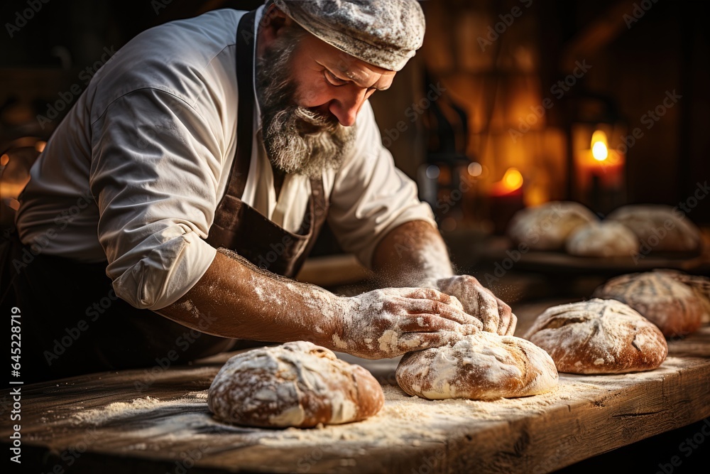 A skilled baker carefully kneading dough for a rustic loaf of bread