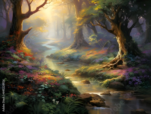 Beautiful fantasy landscape with a stream flowing through the forest and trees